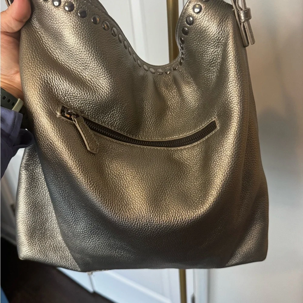 LAGGO Metallic Pewter Leather Hobo Bag with Tassel